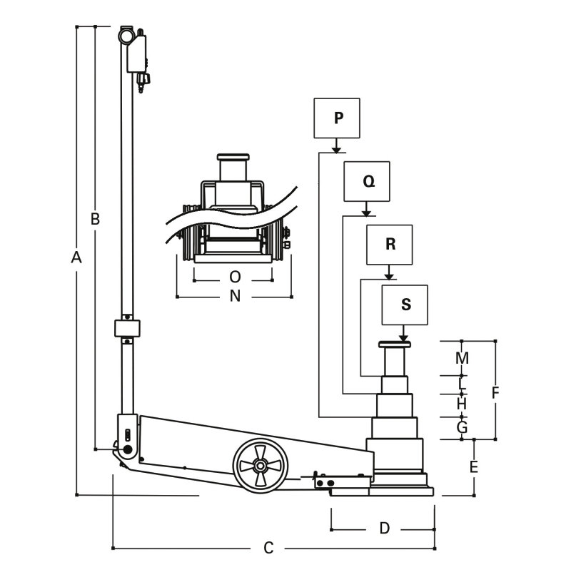 Beta Tools 3067/70-13T Long Version Air Hydraulic Jack for lorries, artics, buses & coaches & agricultural. 70-43-23-13 tons capacity, 74kg, 8-10bar, 600 l/min