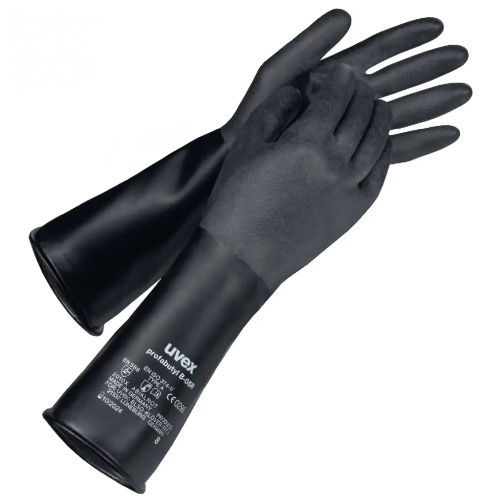 uvex 60949 profabutyl B-05R PPE Safety Gloves - 100 % butyl rubber, Certified to EN 388:2016 2 0 1 0 X EN 16350:2014 & EN ISO 374-1:2016 Type A A B I K L N O T - Very good chemical resistance 40151900