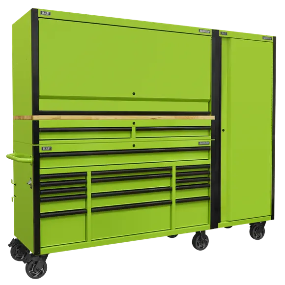 Sealey AP6115BECOMBO2 Custom Workshop Mobile Trolley with Wooden Worktop, Hutch, 2 Drawer Riser & Side Locker 15 Drawer 1549mm