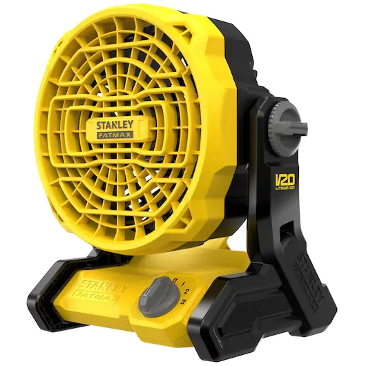 SFMCE001B-XJ STANLEY® 18V V20 Job Site Fan - Bare Unit. PART OF THE NEW 18V STANLEY® FATMAX® V20 CORDLESS SYSTEM: Battery Operated Mobile Fan