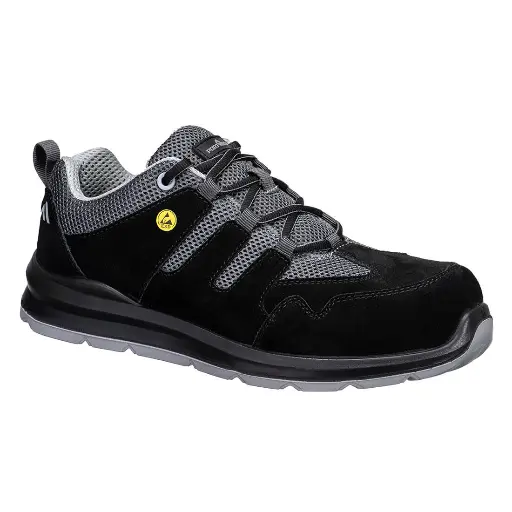 PORTWEST FE07 - Composite Cow Suede Leather Safety Trainers S1 ESD SR FO Black/Grey / Black/Orange 36 - 48 PPE Footwear